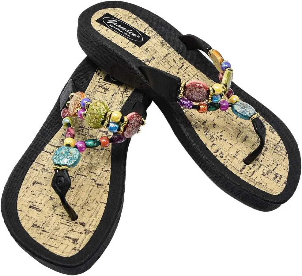 Women's 24770G Marble Cork Beaded Waterproof Molded Sole Beach Thong Sandals