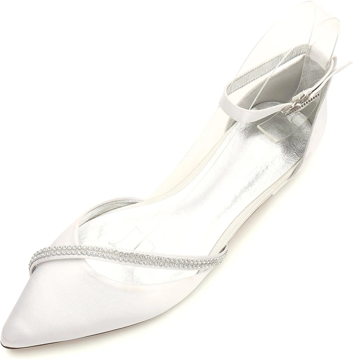 Womens Ballet Flats Pointed Toe Ankle Strap Buckle Satin Low Heel Flat Party Evening Ballerina Dance Shoes