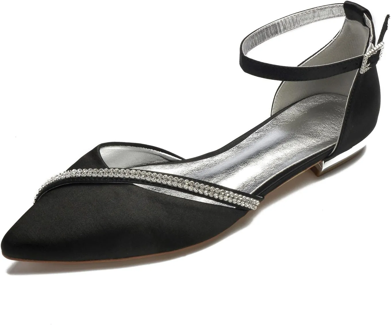 Womens Ballet Flats Pointed Toe Ankle Strap Buckle Satin Low Heel Flat Party Evening Ballerina Dance Shoes