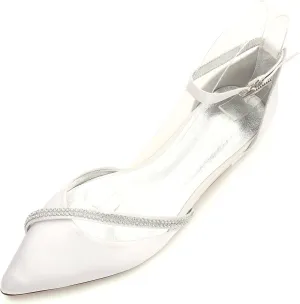 Womens Ballet Flats Pointed Toe Ankle Strap Buckle Satin Low Heel Flat Party Evening Ballerina Dance Shoes