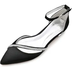 Womens Ballet Flats Pointed Toe Ankle Strap Buckle Satin Low Heel Flat Party Evening Ballerina Dance Shoes