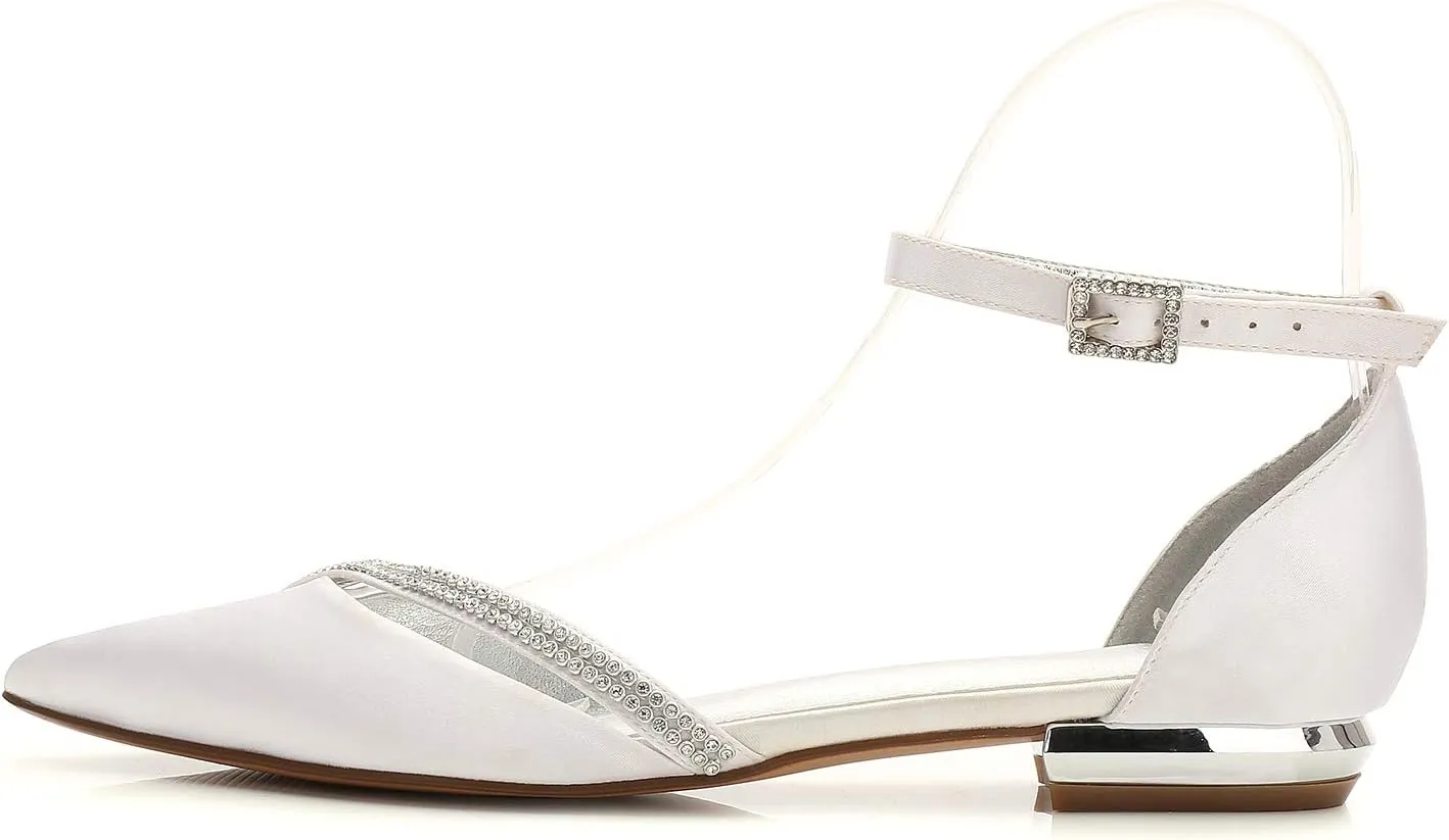 Womens Ballet Flats Pointed Toe Ankle Strap Buckle Satin Low Heel Flat Party Evening Ballerina Dance Shoes