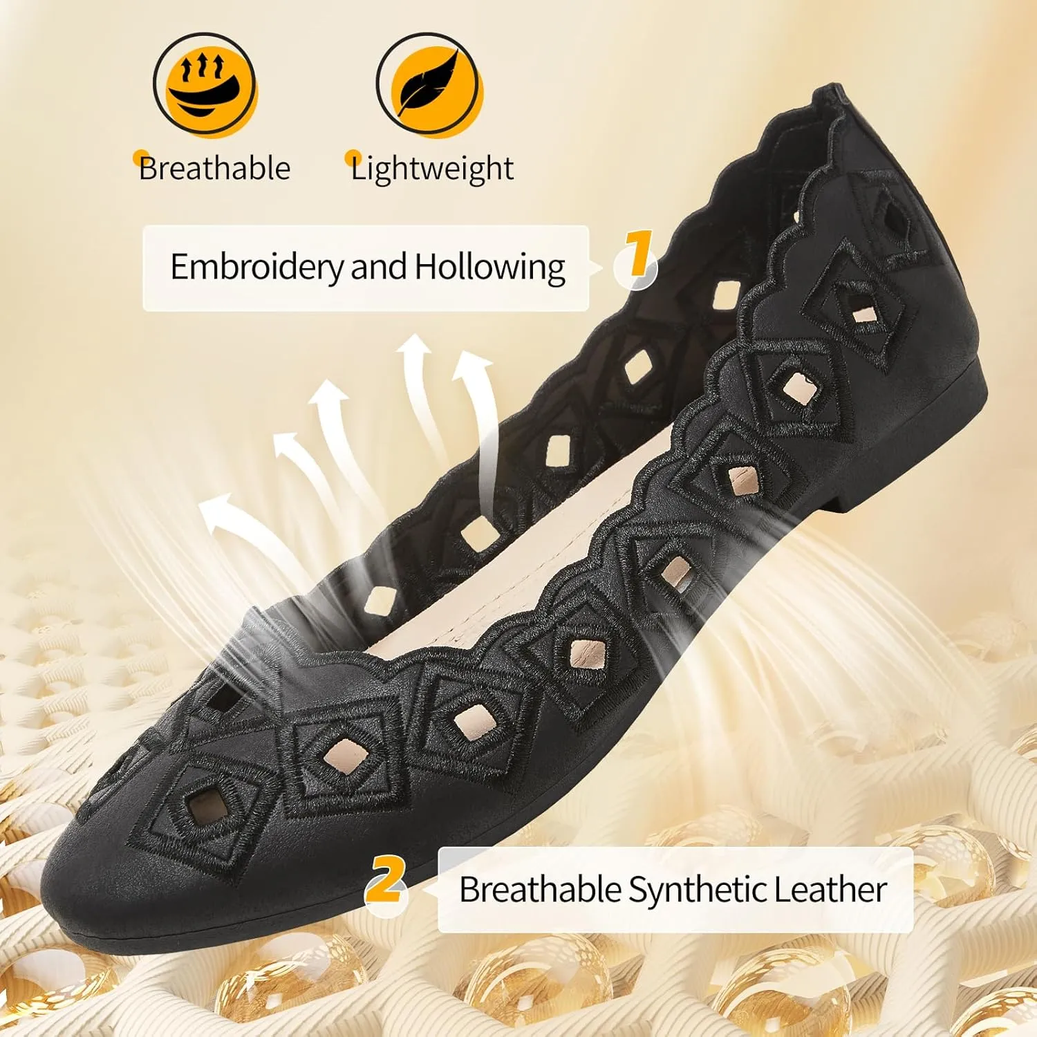 Women's Ballet Flats Shoes with Breathable Eyelet,Black and White Dress Shoes for Women,Soft Memoery Foam Flats for Women
