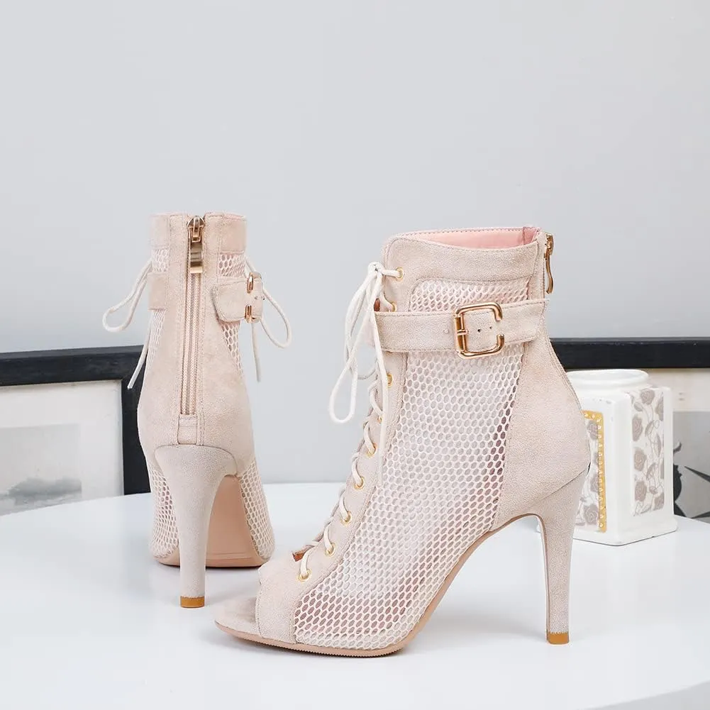 Women's Ballroom Dance Heels Booties Peep Toe Mesh Latin Salsa Dancing Boots with 4 Inch Heels