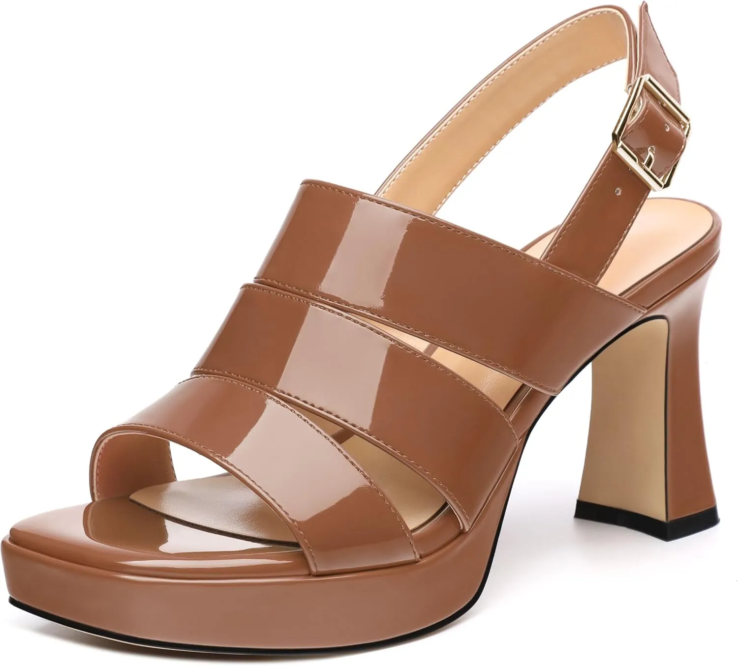 Womens Block High Heel Platform Sandals, Patent Open Toe Ankle Strap Sandals, Womens Dressy Comfort Slingback Sandals 3.3IN