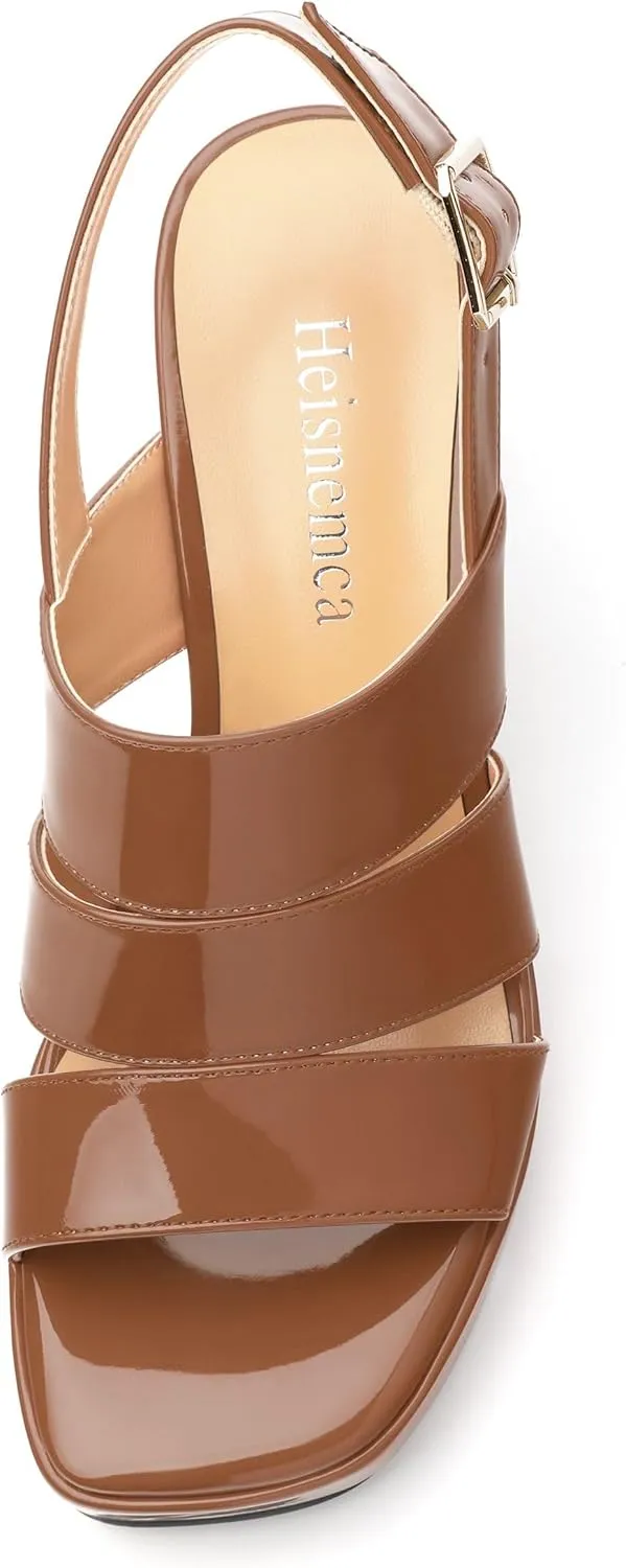Womens Block High Heel Platform Sandals, Patent Open Toe Ankle Strap Sandals, Womens Dressy Comfort Slingback Sandals 3.3IN