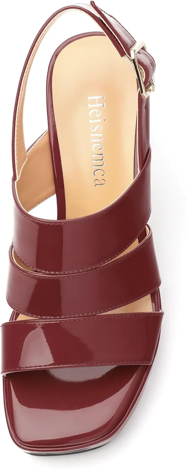 Womens Block High Heel Platform Sandals, Patent Open Toe Ankle Strap Sandals, Womens Dressy Comfort Slingback Sandals 3.3IN