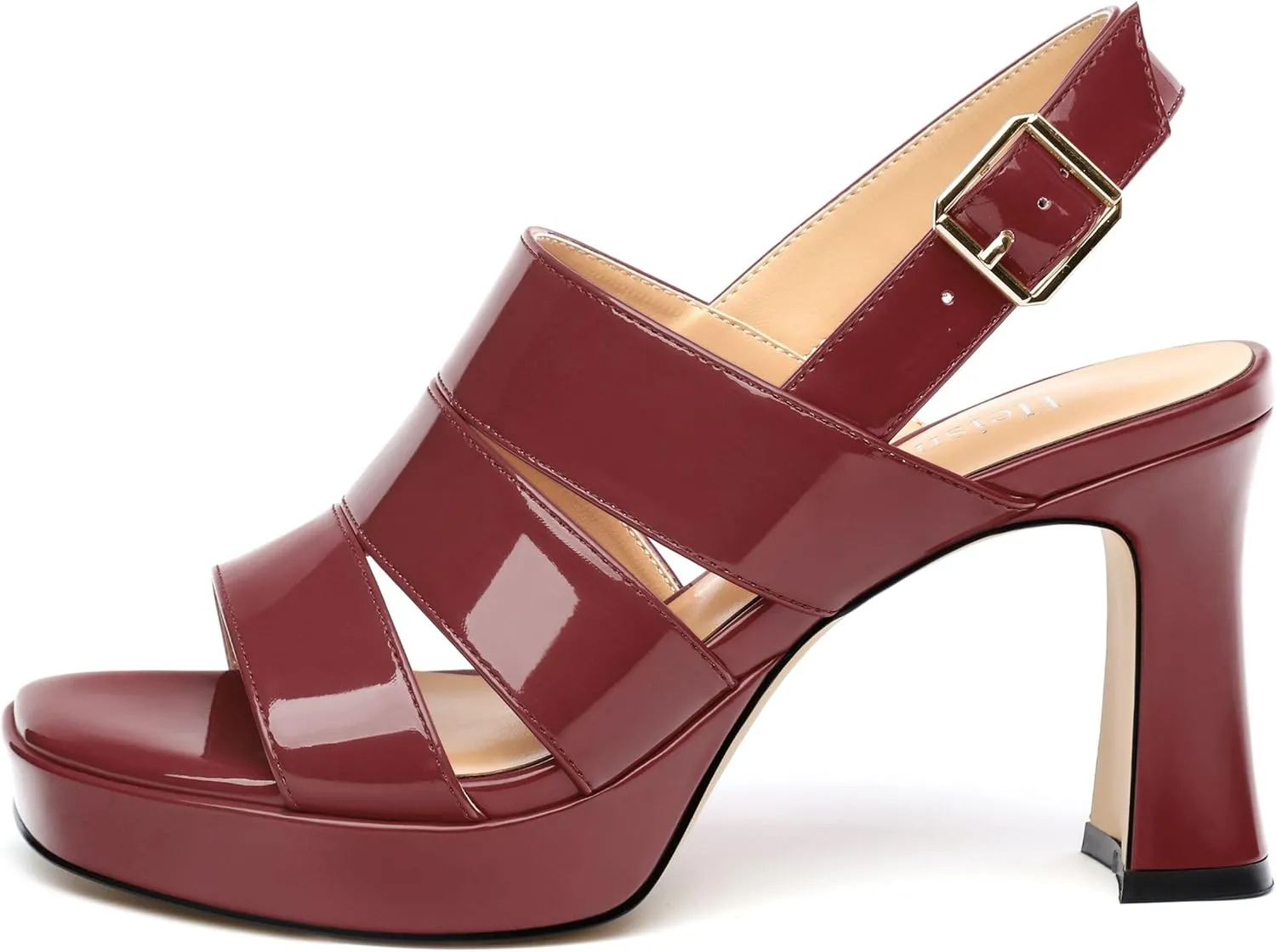 Womens Block High Heel Platform Sandals, Patent Open Toe Ankle Strap Sandals, Womens Dressy Comfort Slingback Sandals 3.3IN