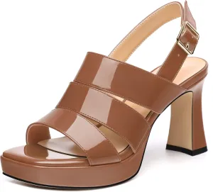 Womens Block High Heel Platform Sandals, Patent Open Toe Ankle Strap Sandals, Womens Dressy Comfort Slingback Sandals 3.3IN