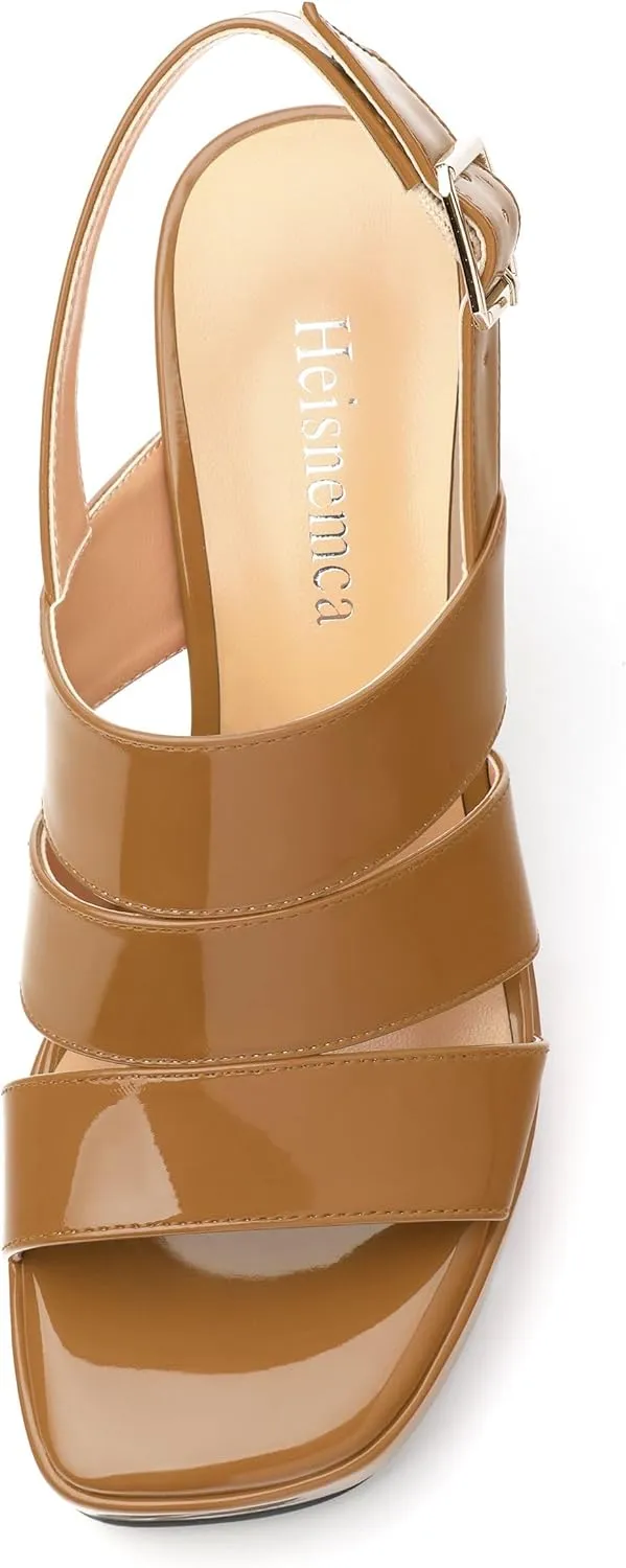 Womens Block High Heel Platform Sandals, Patent Open Toe Ankle Strap Sandals, Womens Dressy Comfort Slingback Sandals 3.3IN