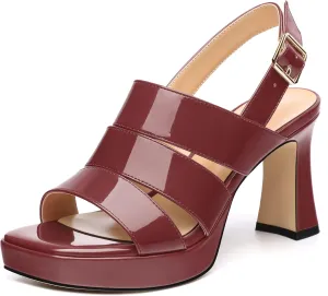 Womens Block High Heel Platform Sandals, Patent Open Toe Ankle Strap Sandals, Womens Dressy Comfort Slingback Sandals 3.3IN