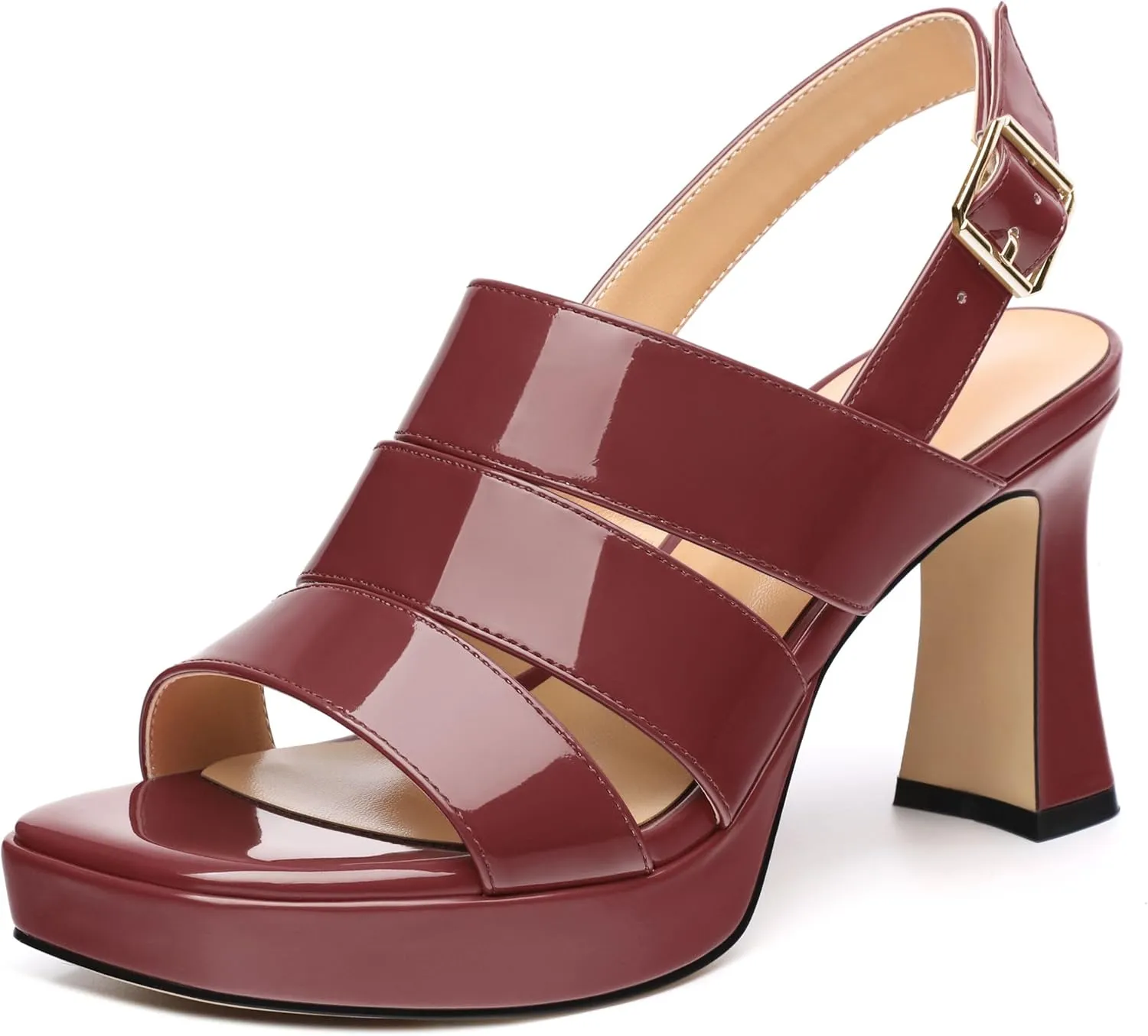 Womens Block High Heel Platform Sandals, Patent Open Toe Ankle Strap Sandals, Womens Dressy Comfort Slingback Sandals 3.3IN