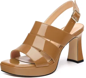 Womens Block High Heel Platform Sandals, Patent Open Toe Ankle Strap Sandals, Womens Dressy Comfort Slingback Sandals 3.3IN