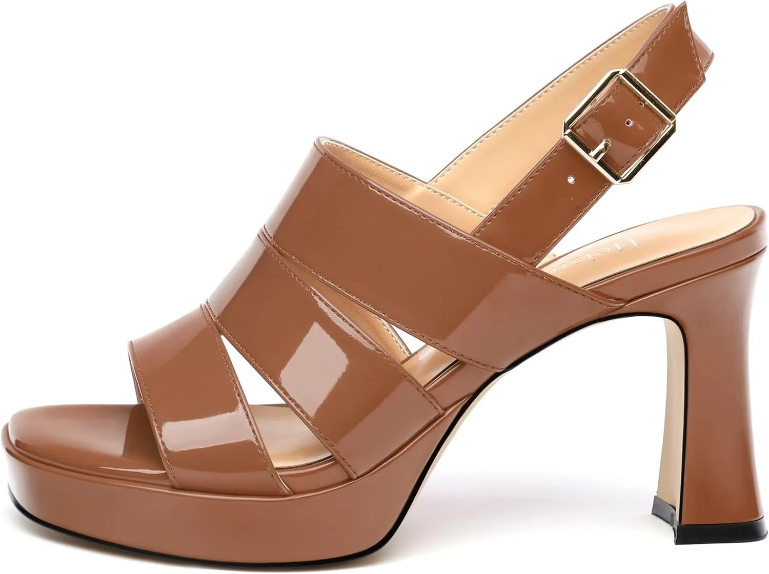 Womens Block High Heel Platform Sandals, Patent Open Toe Ankle Strap Sandals, Womens Dressy Comfort Slingback Sandals 3.3IN