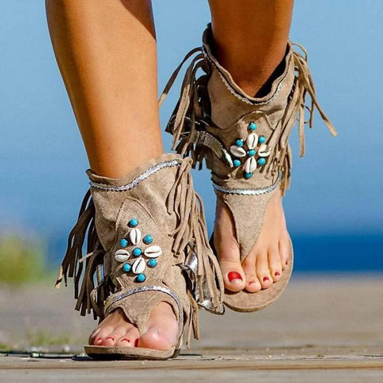 Women's Bohemian Tassel Sandals, Gladiator Fringe Flat Clip Toe Ankle Beach Sandals T-Strap Open-Toe Flip Flops Sandals