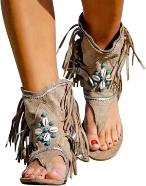 Women's Bohemian Tassel Sandals, Gladiator Fringe Flat Clip Toe Ankle Beach Sandals T-Strap Open-Toe Flip Flops Sandals