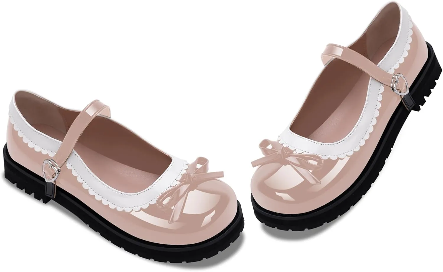 Women's Bow Patent Leather Platform Mary Janes Ankle Strap Closed Toe Kawaii Goth Uniform Flats