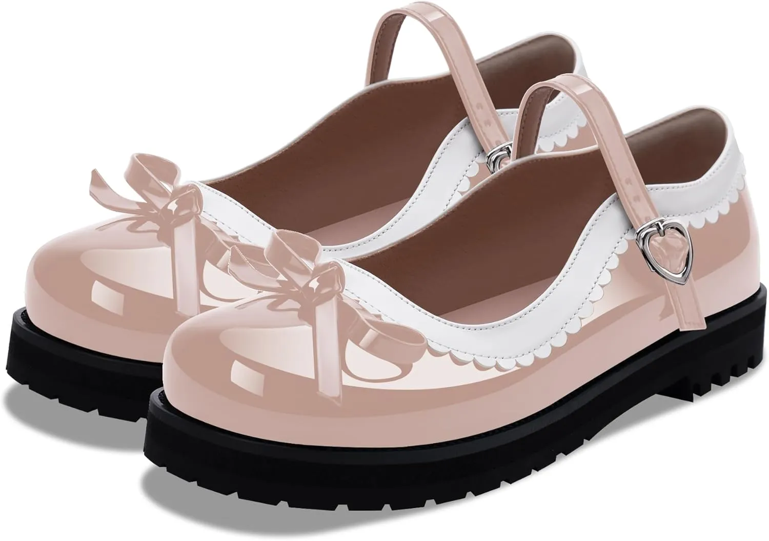Women's Bow Patent Leather Platform Mary Janes Ankle Strap Closed Toe Kawaii Goth Uniform Flats