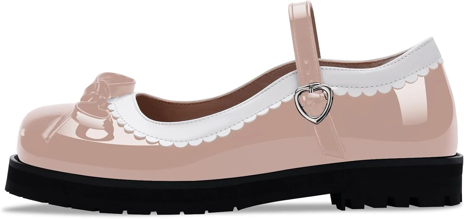 Women's Bow Patent Leather Platform Mary Janes Ankle Strap Closed Toe Kawaii Goth Uniform Flats