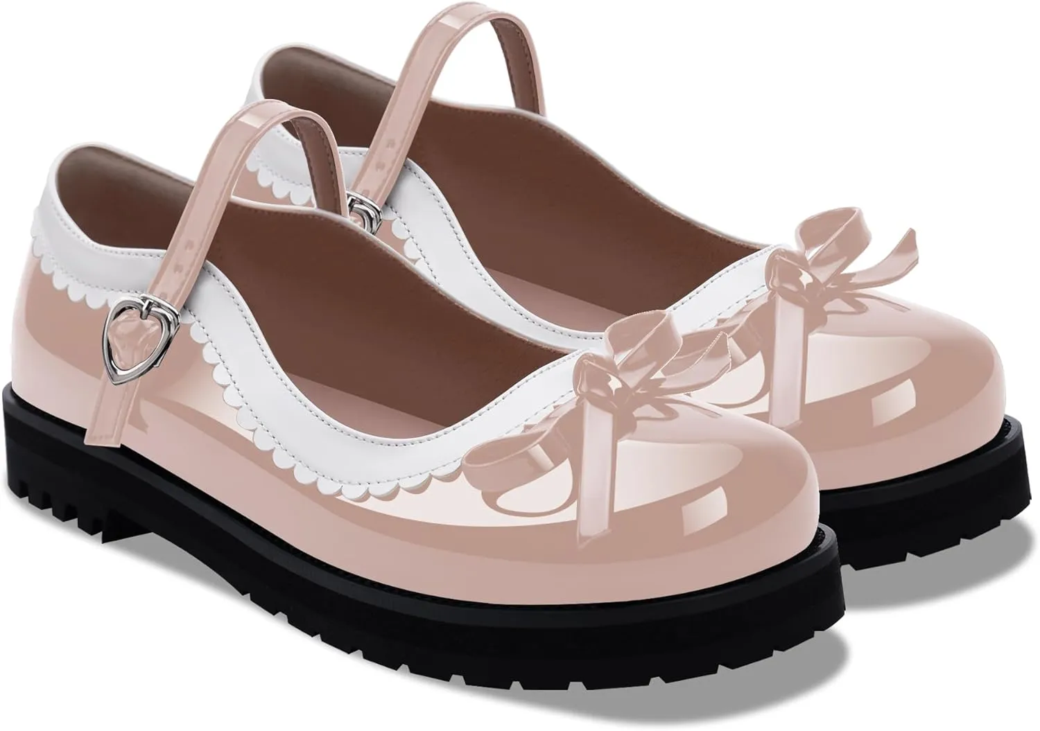 Women's Bow Patent Leather Platform Mary Janes Ankle Strap Closed Toe Kawaii Goth Uniform Flats