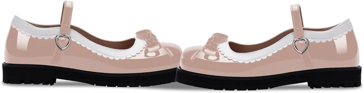 Women's Bow Patent Leather Platform Mary Janes Ankle Strap Closed Toe Kawaii Goth Uniform Flats