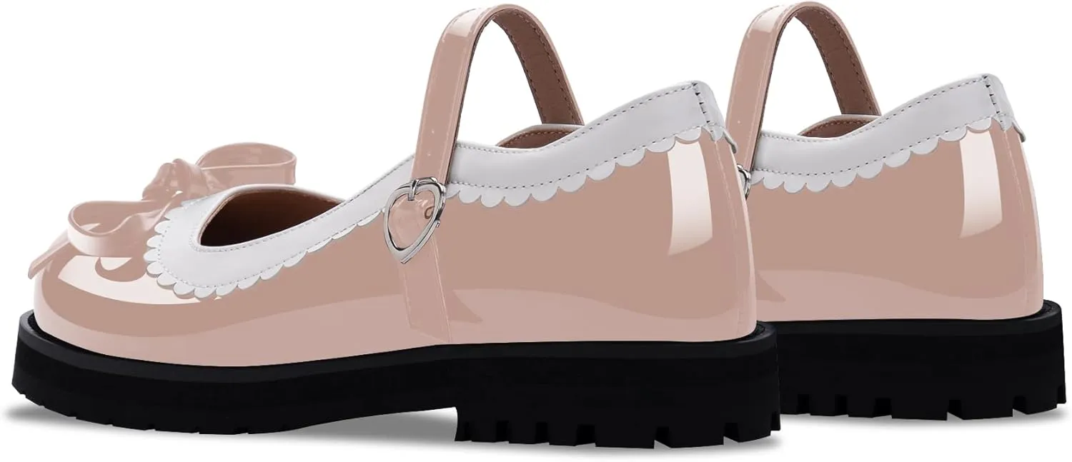 Women's Bow Patent Leather Platform Mary Janes Ankle Strap Closed Toe Kawaii Goth Uniform Flats