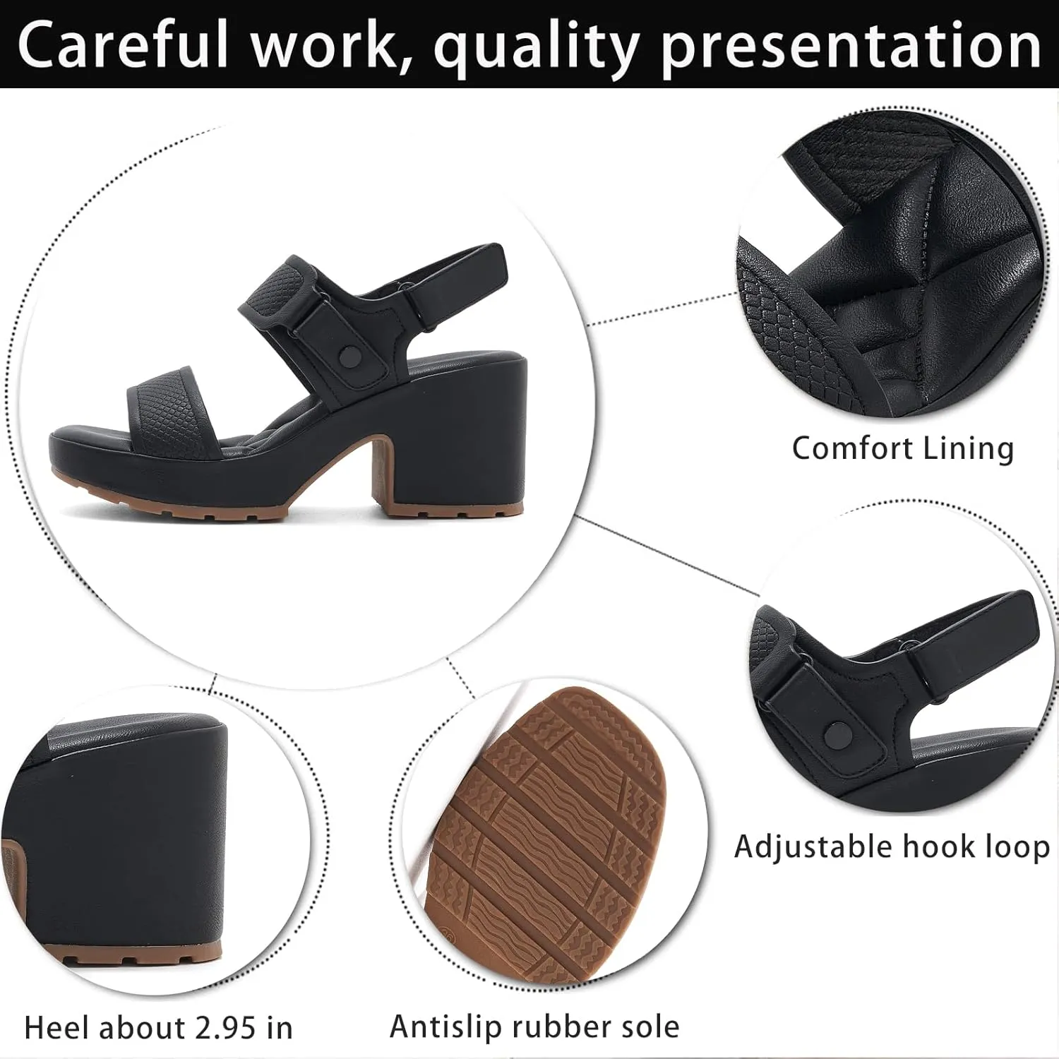 Women's Chunky High Heel Sandals - Round Open Toe Platform Dress Sandals with Adjustable Hook Loop | Comfortable Lightweight Anti-Slip for Office Party & Walking
