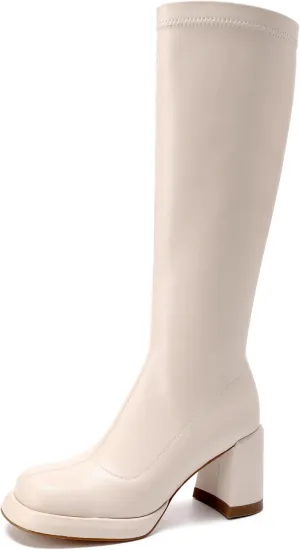 Women's Chunky Platfrom Block Heel Round Toe Shoes Side Zipper Soft Comfortable Stretched Black Matte PU Leather Sexy Knee High Boots
