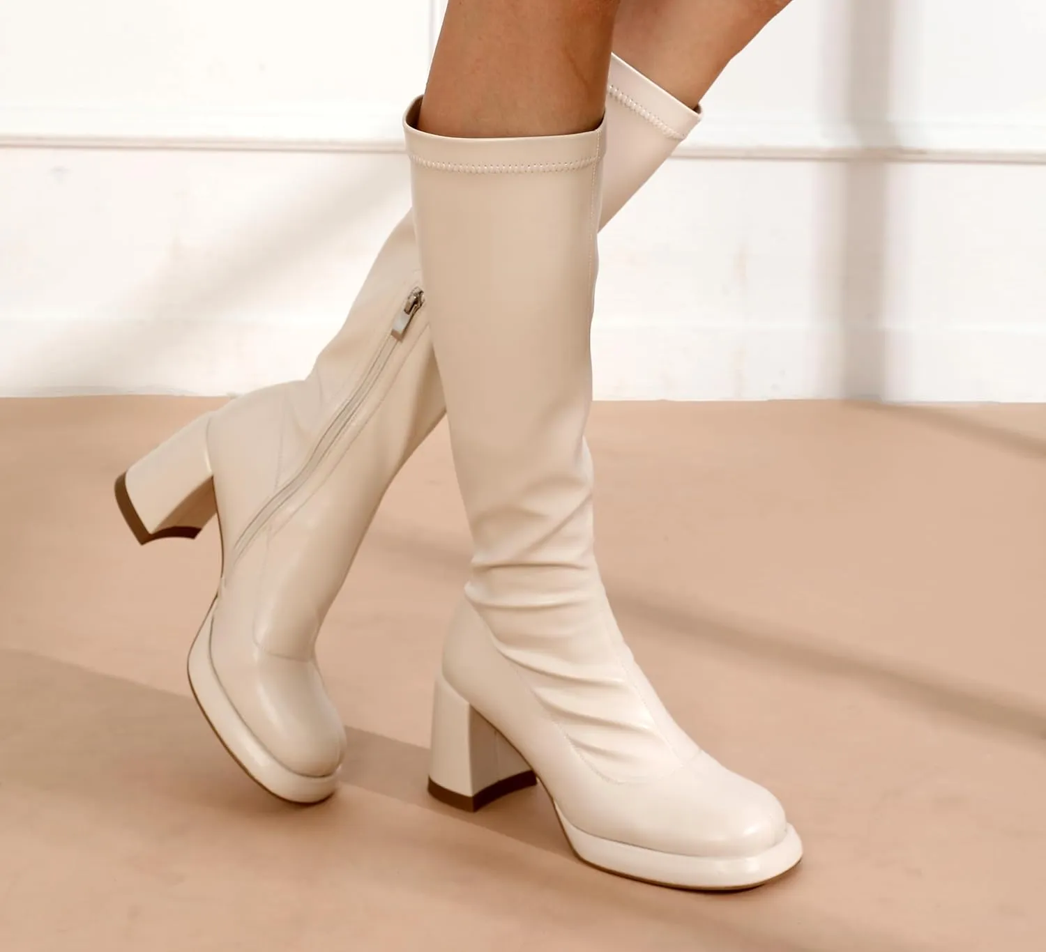 Women's Chunky Platfrom Block Heel Round Toe Shoes Side Zipper Soft Comfortable Stretched Black Matte PU Leather Sexy Knee High Boots