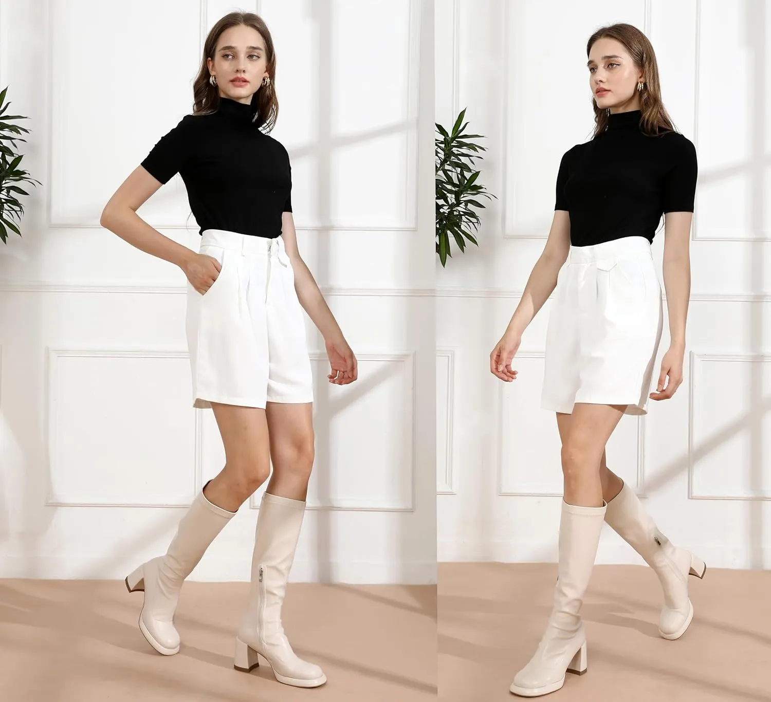 Women's Chunky Platfrom Block Heel Round Toe Shoes Side Zipper Soft Comfortable Stretched Black Matte PU Leather Sexy Knee High Boots