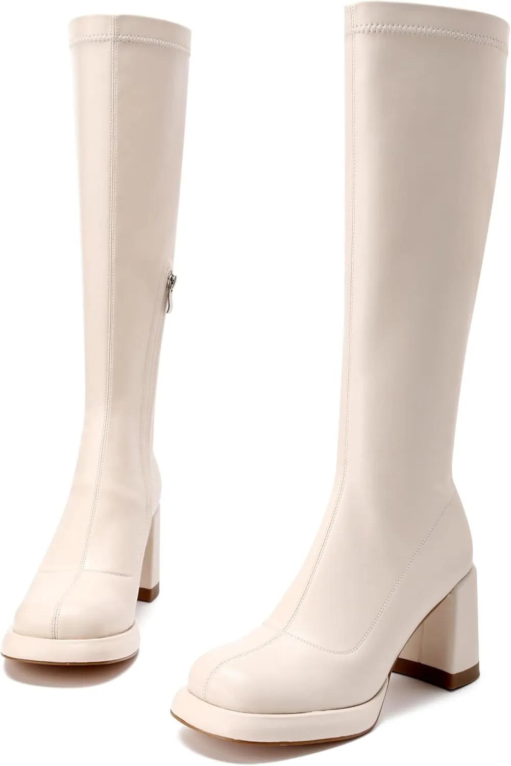 Women's Chunky Platfrom Block Heel Round Toe Shoes Side Zipper Soft Comfortable Stretched Black Matte PU Leather Sexy Knee High Boots