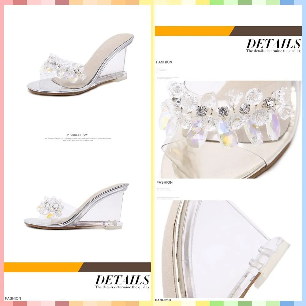 Women's Clear Wedge Sandals with Rhinestones – Open Toe Slip-On Heels, Transparent High Platform Mules for Summer Parties, Weddings & Daily Chic Style
