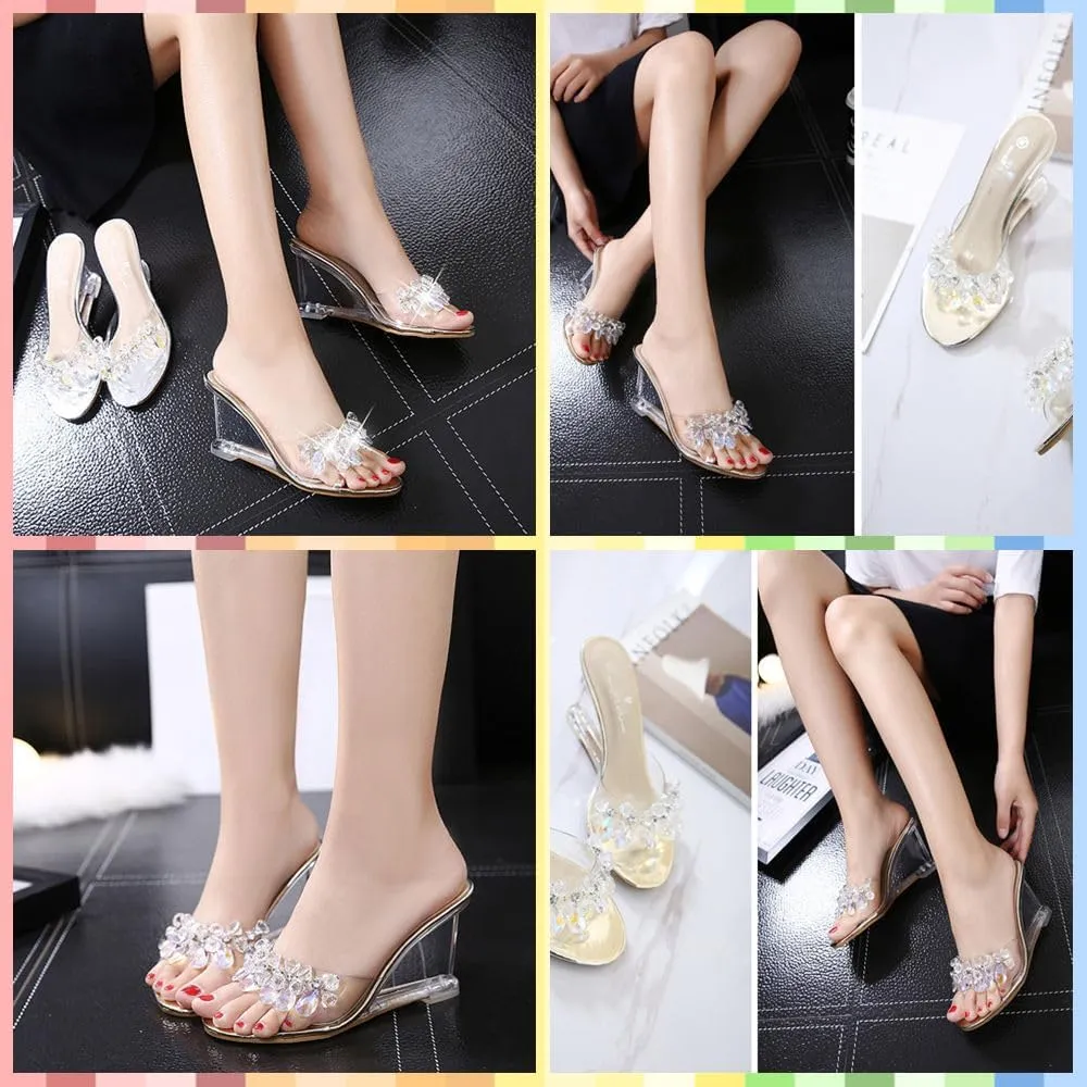 Women's Clear Wedge Sandals with Rhinestones – Open Toe Slip-On Heels, Transparent High Platform Mules for Summer Parties, Weddings & Daily Chic Style
