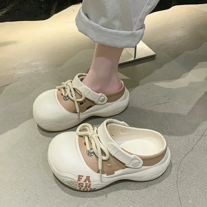 Women's Clogs DIY Lace-Up Thick-Soled Slippers Women's Fashion Clogs Thick-Soled Sandals Beach Slippers