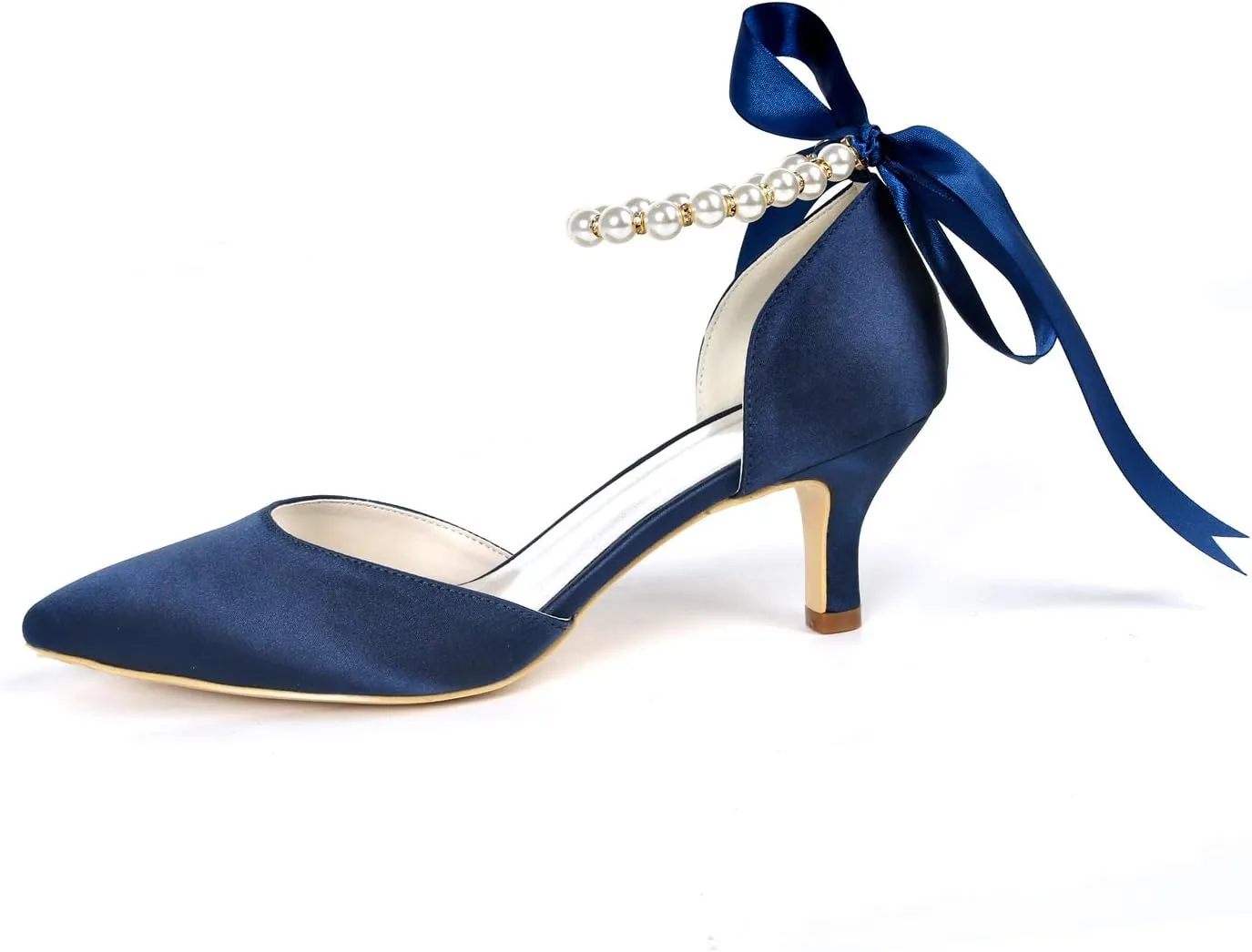 Women's Closed Toe Champagne Pearl Heels with Bow Wedding Shoes for Bride Low Heels Bridal Shoes Satin Heels Pumps