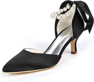 Women's Closed Toe Champagne Pearl Heels with Bow Wedding Shoes for Bride Low Heels Bridal Shoes Satin Heels Pumps