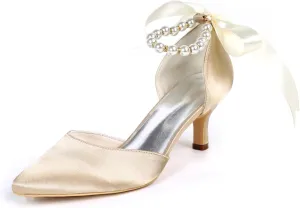 Women's Closed Toe Champagne Pearl Heels with Bow Wedding Shoes for Bride Low Heels Bridal Shoes Satin Heels Pumps