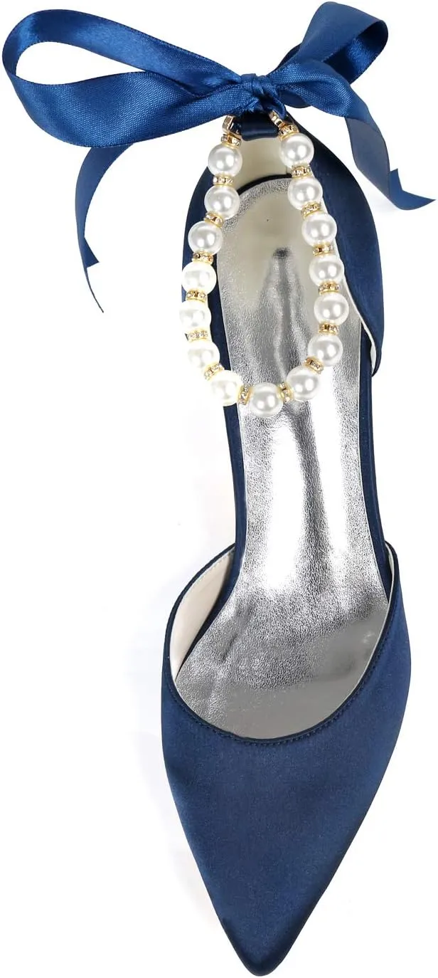 Women's Closed Toe Champagne Pearl Heels with Bow Wedding Shoes for Bride Low Heels Bridal Shoes Satin Heels Pumps