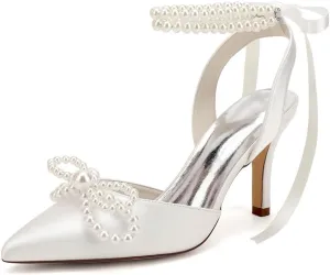 Women's Closed Toe Pearl Heels with Bow Wedding Shoes for Bride High Heels Bridal Shoes Slingback Satin Heels Pumps