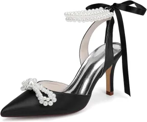 Women's Closed Toe Pearl Heels with Bow Wedding Shoes for Bride High Heels Bridal Shoes Slingback Satin Heels Pumps