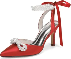 Women's Closed Toe Pearl Heels with Bow Wedding Shoes for Bride High Heels Bridal Shoes Slingback Satin Heels Pumps