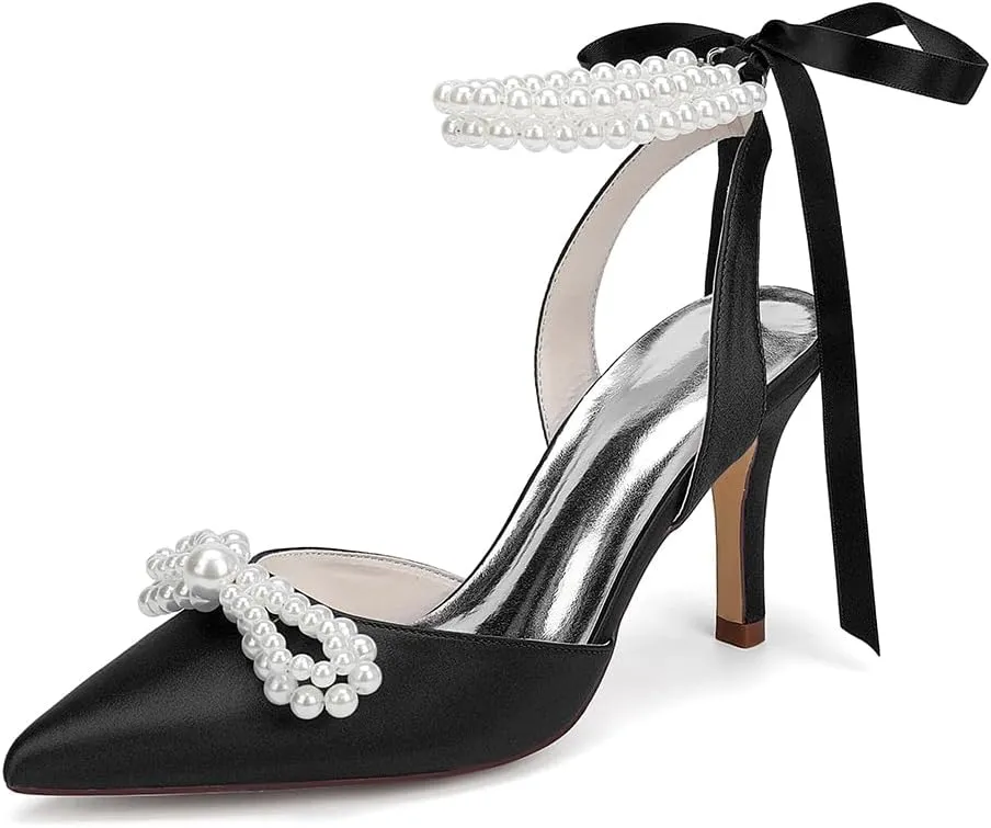 Women's Closed Toe Pearl Heels with Bow Wedding Shoes for Bride High Heels Bridal Shoes Slingback Satin Heels Pumps