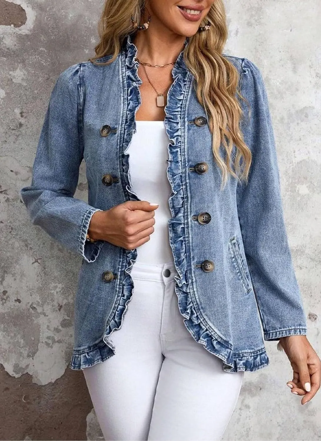 Women's Elegant Ruffled Denim Jacket Double Breasted Side Pockets Jean Coat 2025 Spring Summer Casual Fashion Outwear