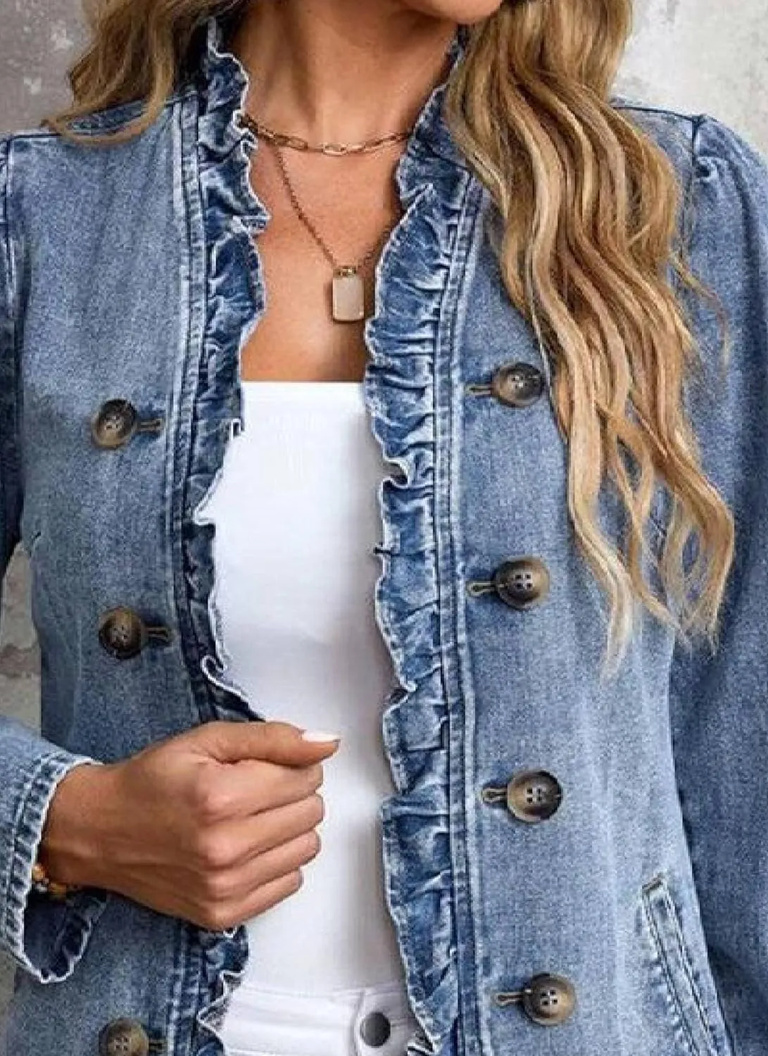 Women's Elegant Ruffled Denim Jacket Double Breasted Side Pockets Jean Coat 2025 Spring Summer Casual Fashion Outwear