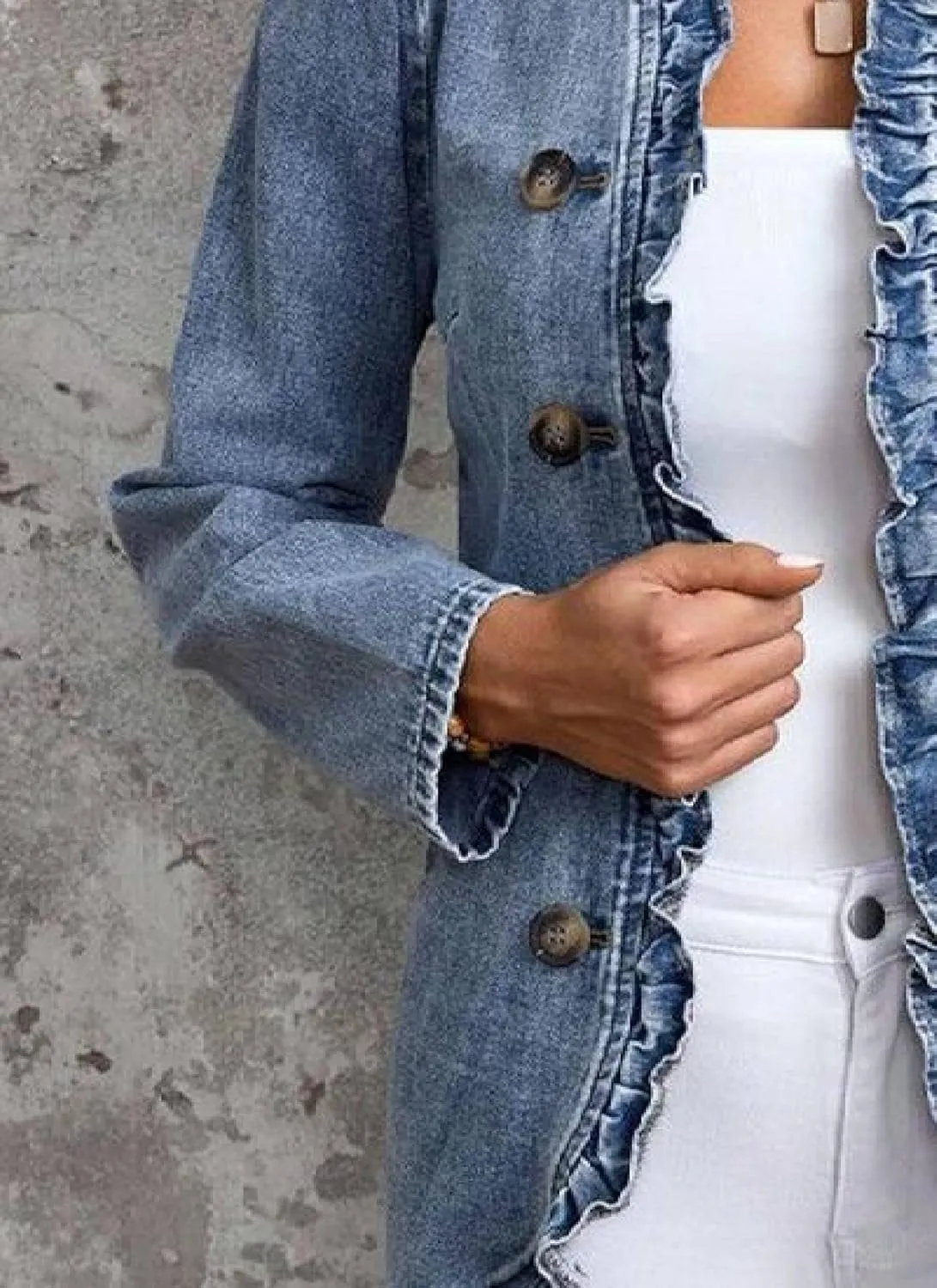 Women's Elegant Ruffled Denim Jacket Double Breasted Side Pockets Jean Coat 2025 Spring Summer Casual Fashion Outwear