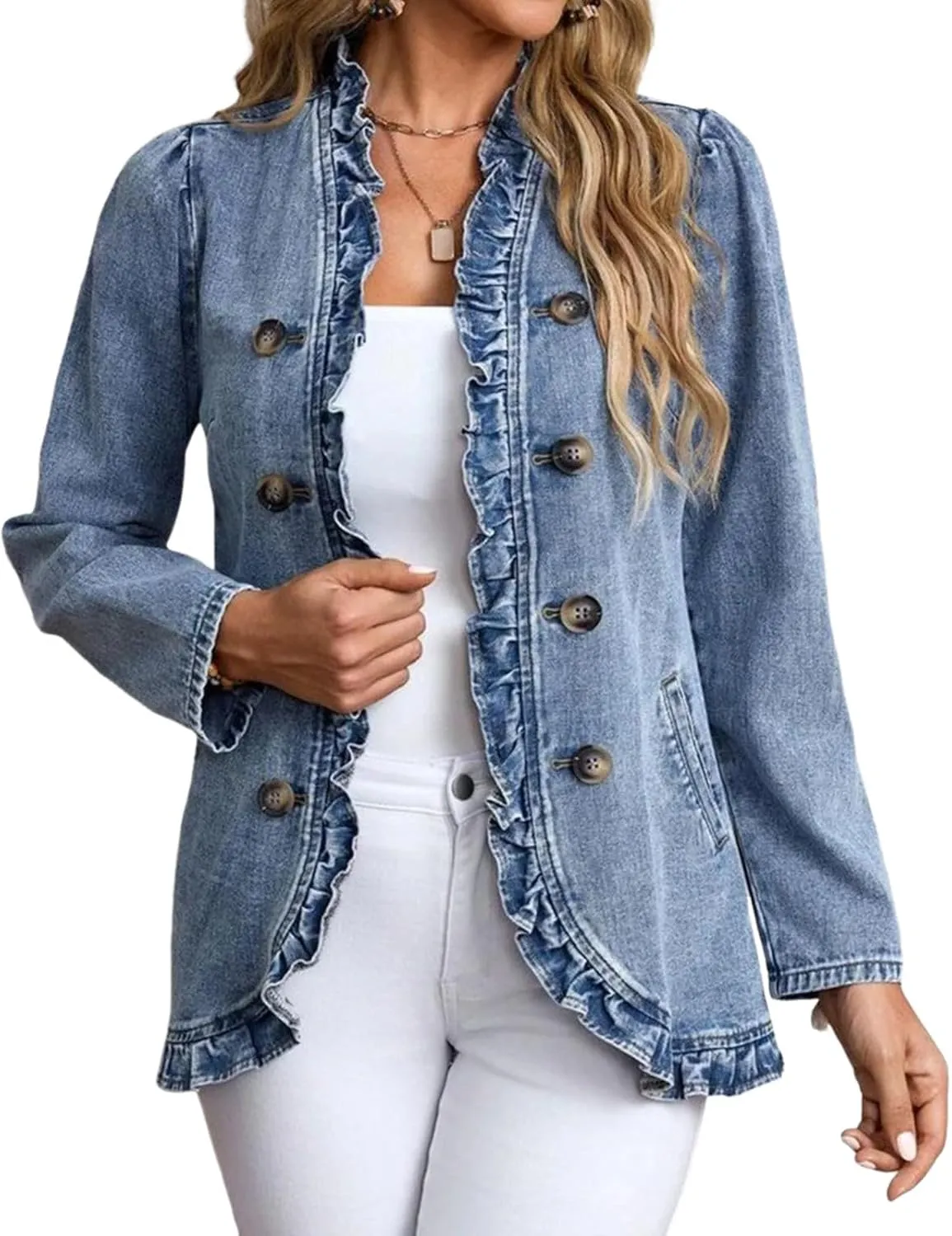Women's Elegant Ruffled Denim Jacket Double Breasted Side Pockets Jean Coat 2025 Spring Summer Casual Fashion Outwear