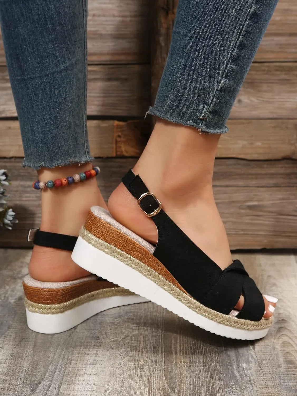 Womens Espadrilles Wedges Sandals Heels Open Toe Summer Flat Wedge Heel Fish Mouth Casual Women's Sandals Slip On Slingback Ankle Strap Beach Boho Sandal Comfortable Dressy Walking Sandal