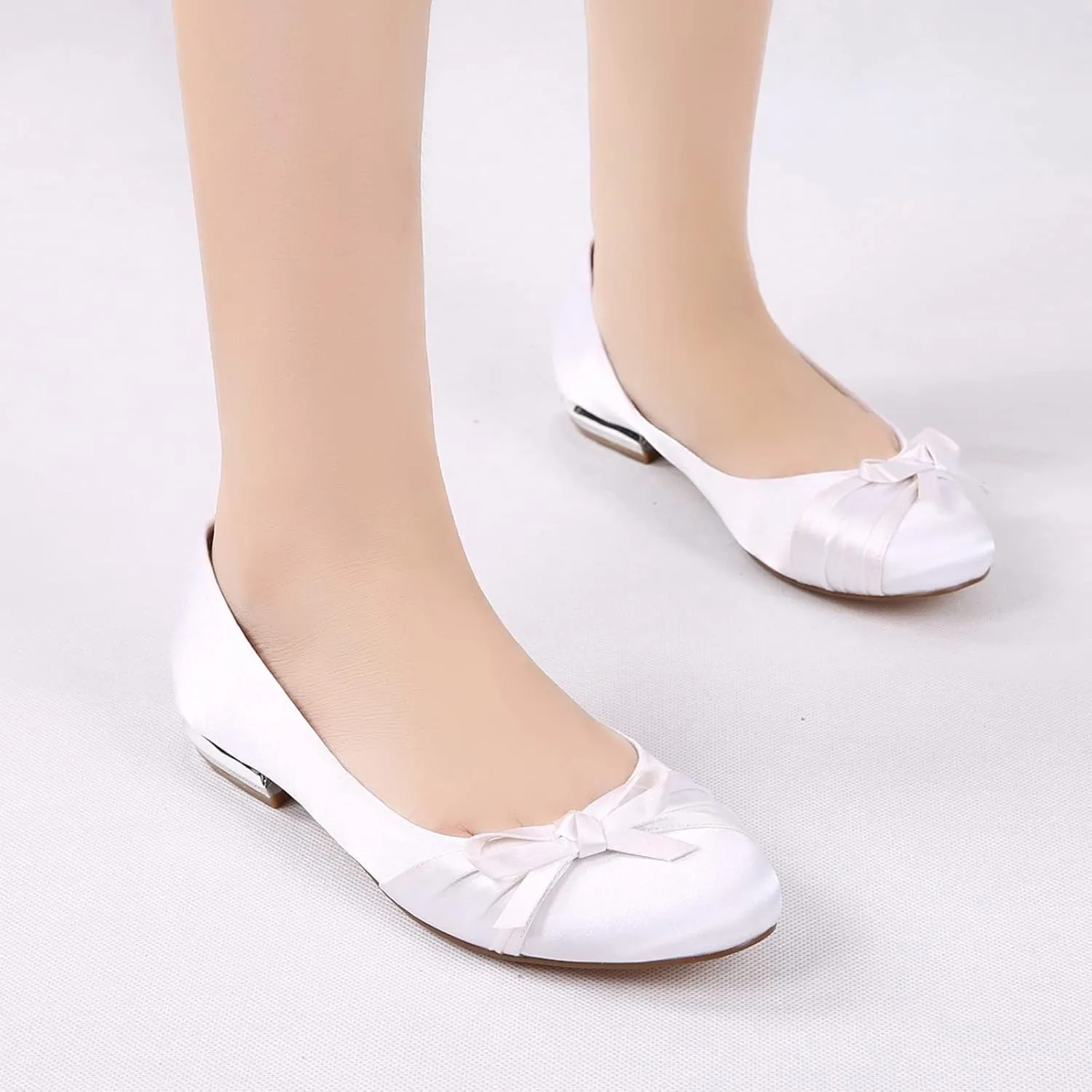 Womens Flat Bridal Slip on Shoes Closed Toe Bow Satin Bridal Bridesmaid Wedding Ballerina Pumps Shoes Sandals
