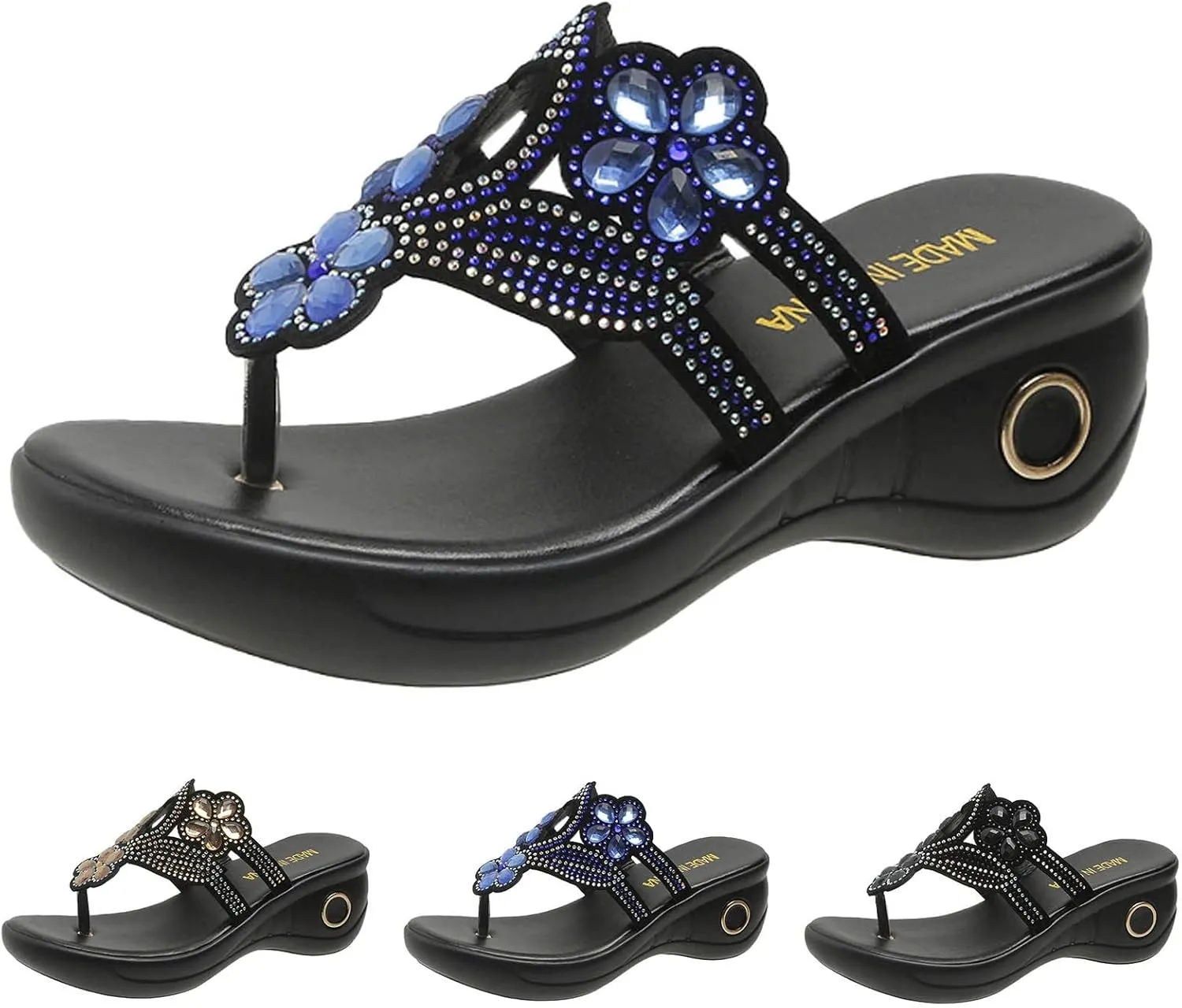 Womens Flip Flops Wedge Sandals with Arch Support Platform Slip On Walking Beaded Beach Open toe Thong Shoes