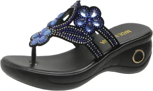 Womens Flip Flops Wedge Sandals with Arch Support Platform Slip On Walking Beaded Beach Open toe Thong Shoes